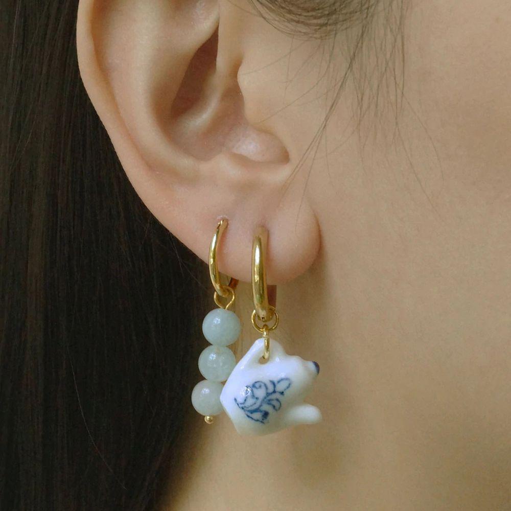 Khuyên Tai Tròn Mặt Gốm Hình Ấm Trà Phong Cách Retro Thời Trang Cho Nữ