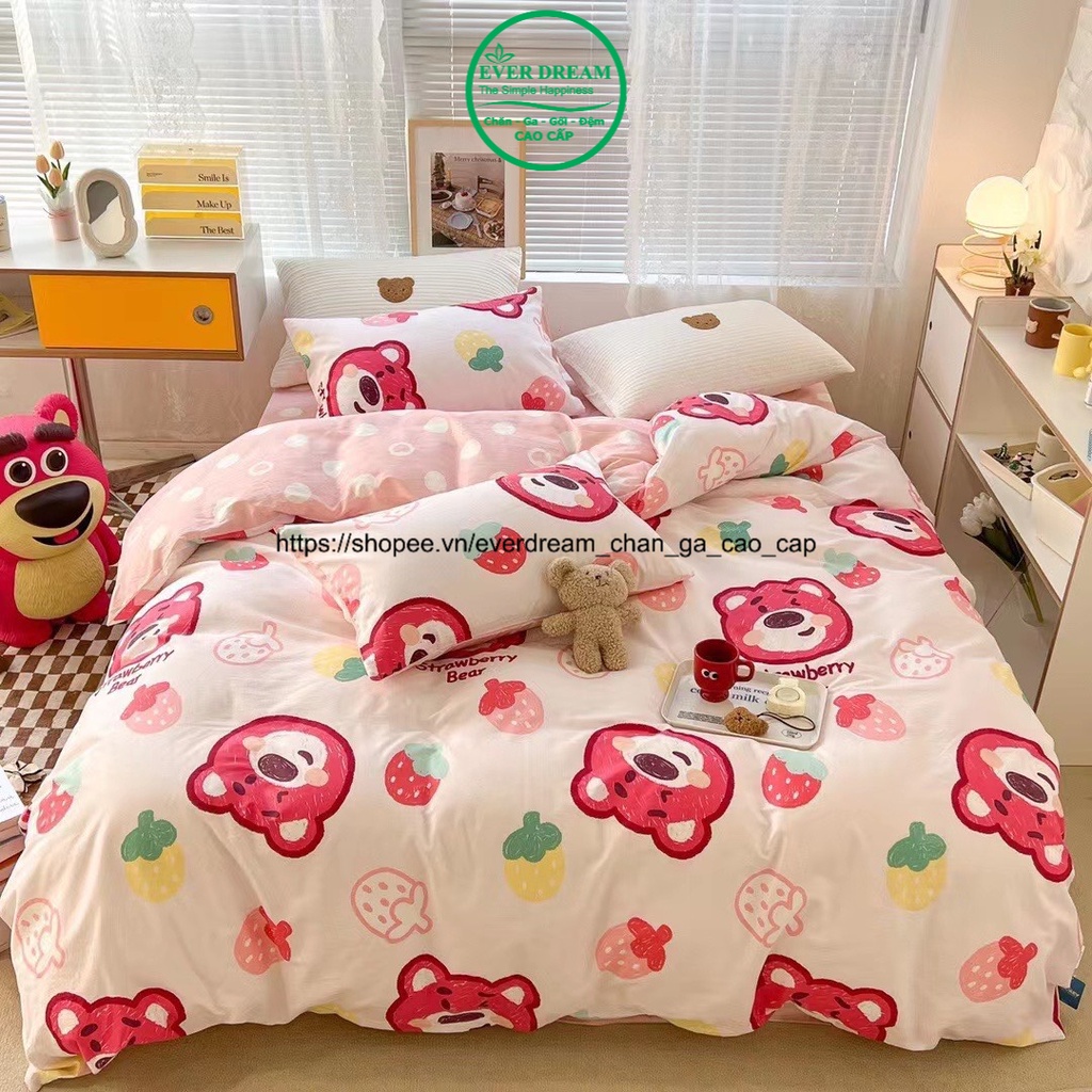 Chăn ga gối EV 194 Gấu Lotso Dâu Tây ga hồng, 100% cotton living nhập khẩu cao cấp, đủ size