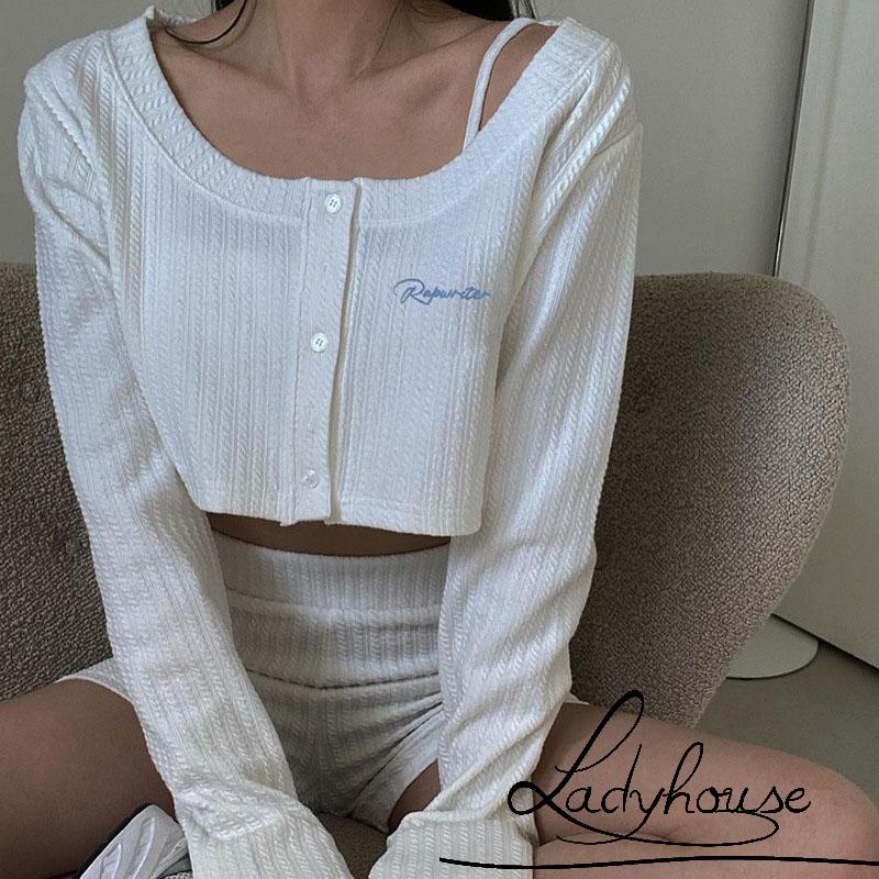 Áo thun croptop dệt kim tay dài cài nút in chữ thời trang cho nữ