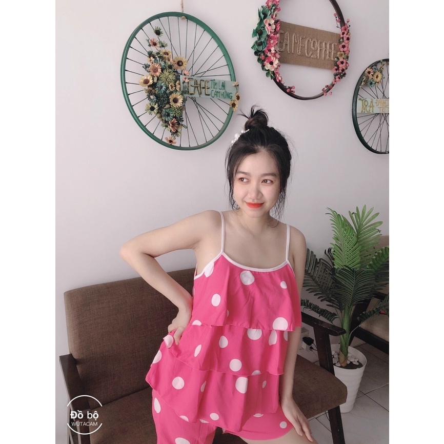 Đồ ngủ áo 2 dây 3 tầng vải lụa hàn họa tiết chấm bi siêu xinh freesize dưới 57kg