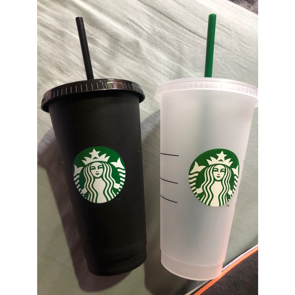 Ly uống nước họa tiết Starbucks bằng nhựa trong suốt 700ml có nắp đậy và ống hút chất lượng cao