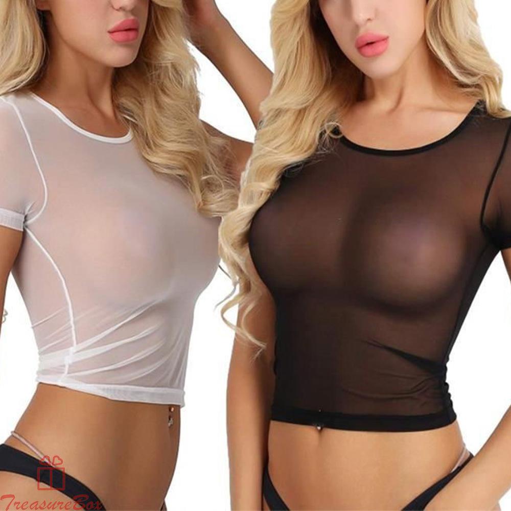 Womens Tops Round Neck See-through Sexy Sheer Short Sleeve Ladies Mesh