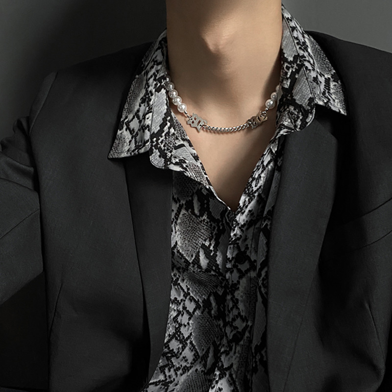 Dây chuyền kiểu ngắn mẫu 19169 đính ngọc trai phong cách hip hop đường phố thời trang dành cho cặp đôi