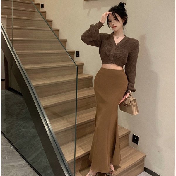 Set Áo Khoác Cardigan Dệt Kim Cổ Chữ V Dài Tay + Chân Váy Lưng Cao Thời Trang Nữ