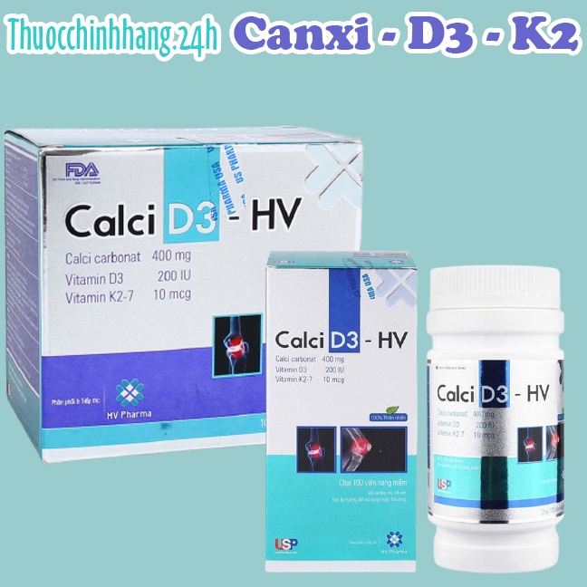 Calci D3 HV- Bổ sung Canxi, D3, K2 cho trẻ từ 4 tuổi và người lớn loãng xương, thiếu Canxi hộp 100 viên nang mềm