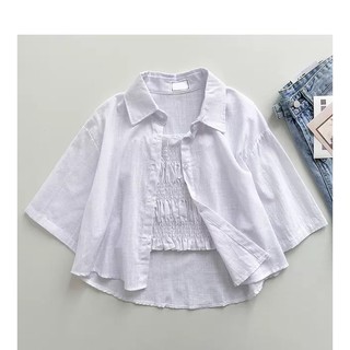 Set Áo Croptop Nhún Và Áo Sơ Mi Tay Lửng Cổ Bẻ /Hình Thật