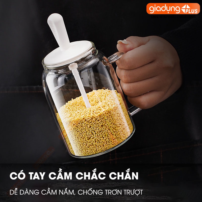 Hủ đựng gia vị muỗng liền nắp thông minh có nắp đậy kín thuỷ tinh borosilicate 380ml, có tay cầm chắc chắn PHALEDO