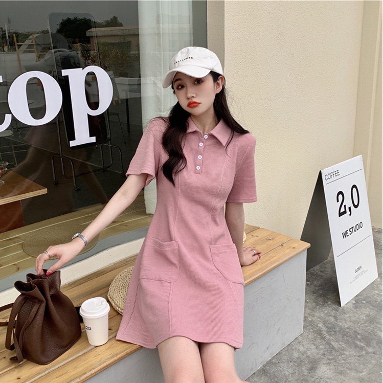Váy Thun Polo Cộc Tay Dáng Xòe Chiết Eo Túi Trước Đầm Phông Nữ Ngắn Tay Cổ Bẻ