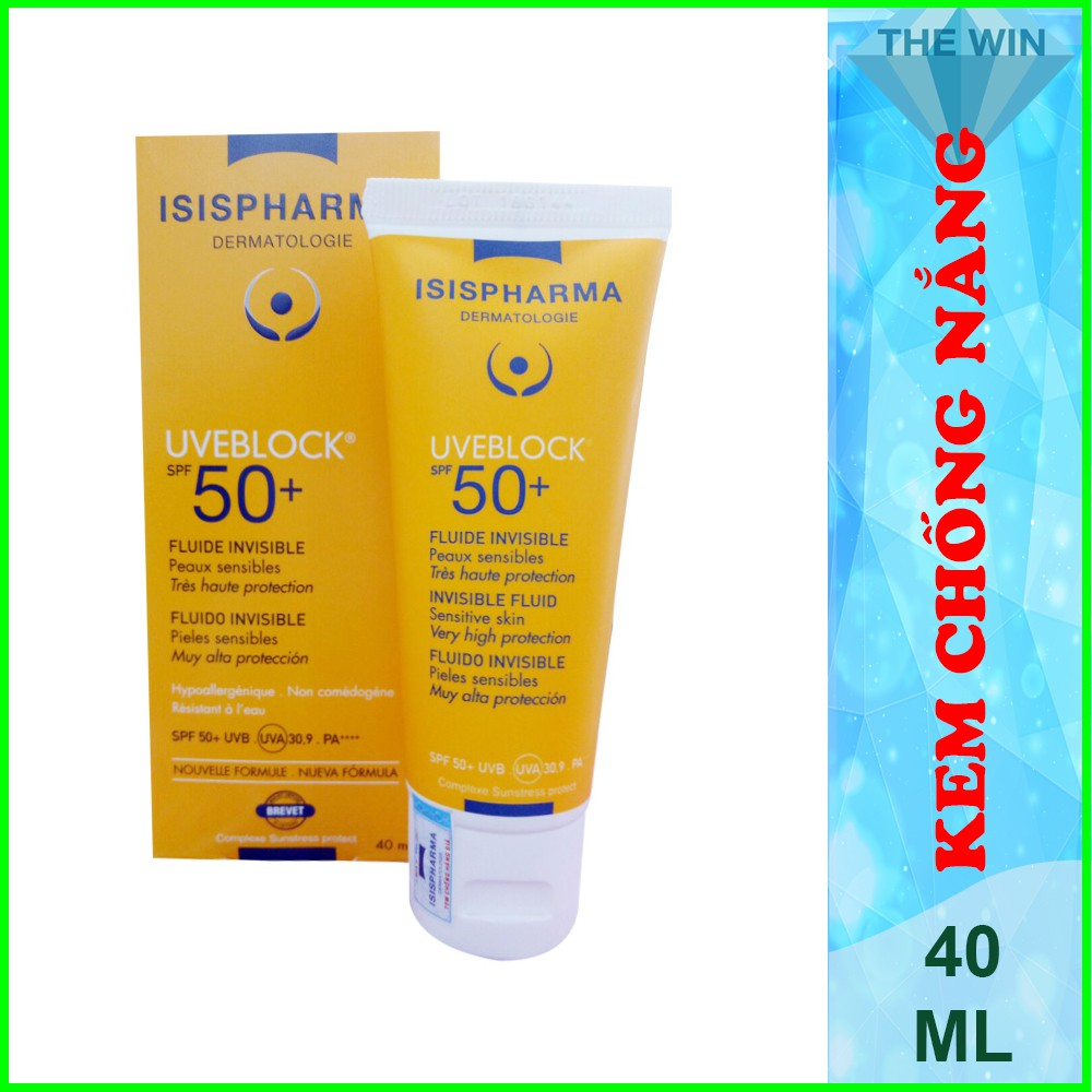 Kem Chống Nắng Dành Cho Da Nhạy Cảm Uveblock SPF 50+ Fluid - ISIS Pharma 40ml Chính Hãng (Màu sáng - Màu da)