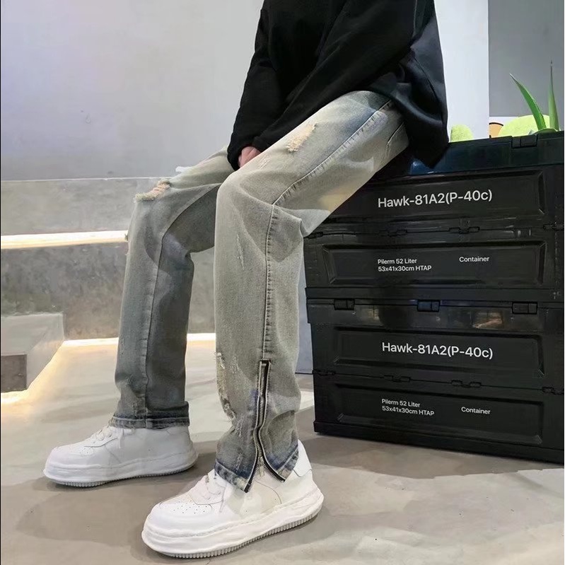 Quần jean ống suông Màu Trơn quần jean nam xanh Phối Khóa Kéo quần bò ống đứng nữ Đơn Giản Thời Trang Hàn Quốc quần jean nam slimfit