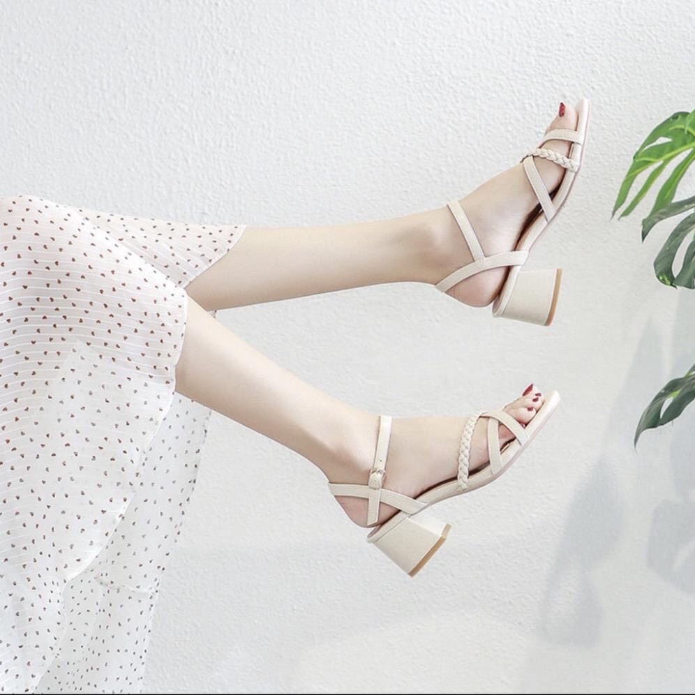 Giày Sandal gót vuông 5 phân quai mảnh kết dây chéo chân siêu xinh
