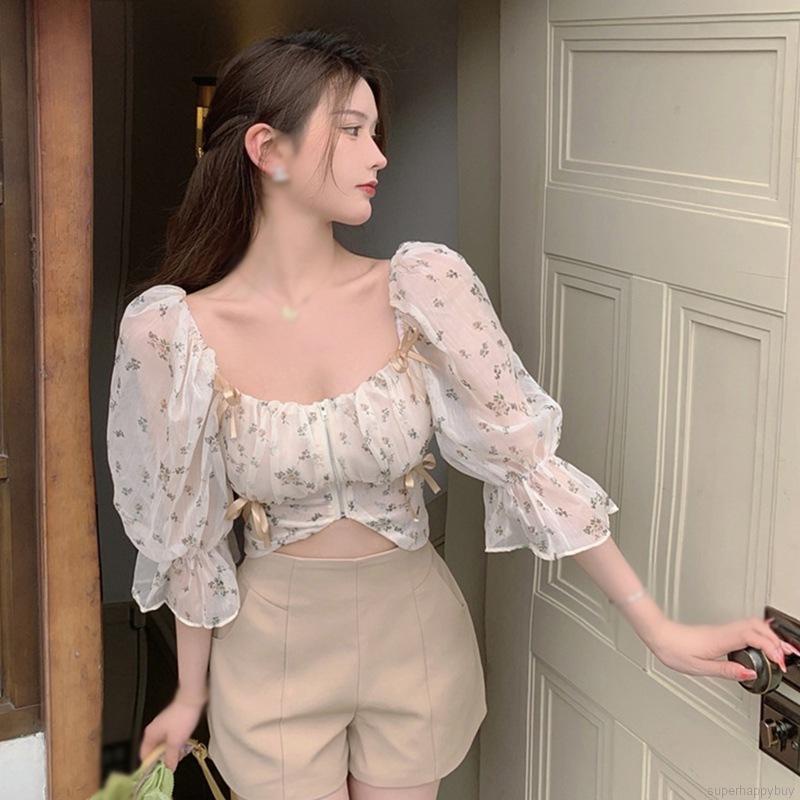 Áo crop top tay ngắn in hoa kiểu Hàn Quốc dễ thương cho nữ