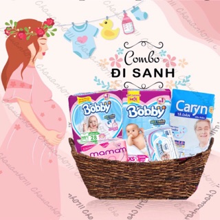 Combo Mẹ đi sinh: Miếng lót Bobby 1-28,tã dán Bobby XS42, khăn ướt Bobby 100m, BVS Mama 12m, tã dán Caryn 3m, túi mẹ bé