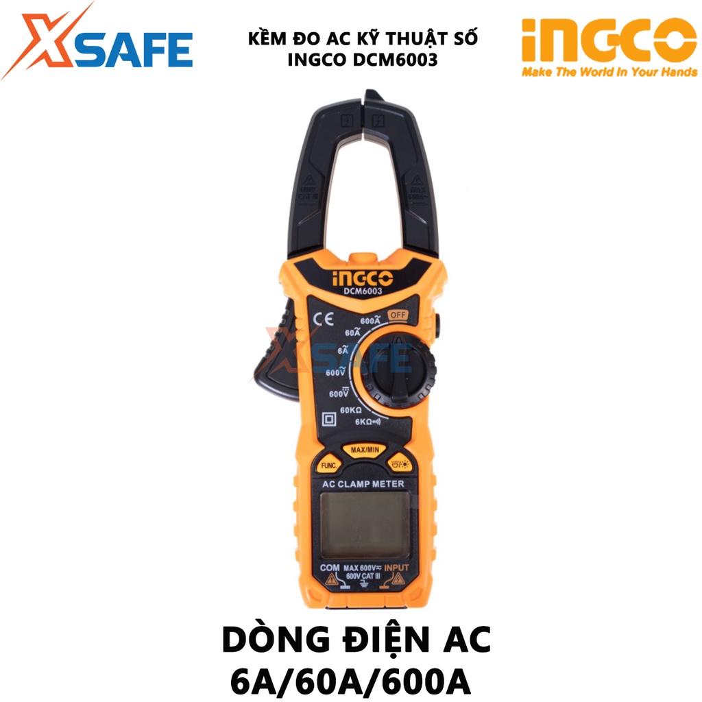 Ampe kìm đo AC kỹ thuật số INGCO DCM6003 6000 số đếm, lưu giữ dữ liệu, đèn nền, đèn flash, chức năng báo pin thấp