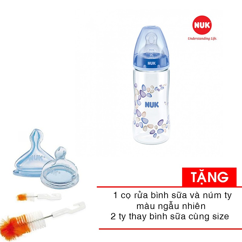 Bình sữa NUK cổ rộng PA 300ml - Ty Silicone 1M NU21473 tặng cọ rửa bình sữa và núm ty và 2 ty bình sữa cùng size