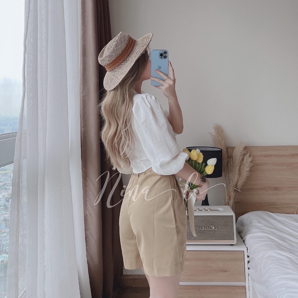 Sét bộ đồ nữ áo sơ mi tay lửng kết cườm phới quần đùi ống rộng xinh xắn giúp nàng nổi bật đi chơi, đi biển
