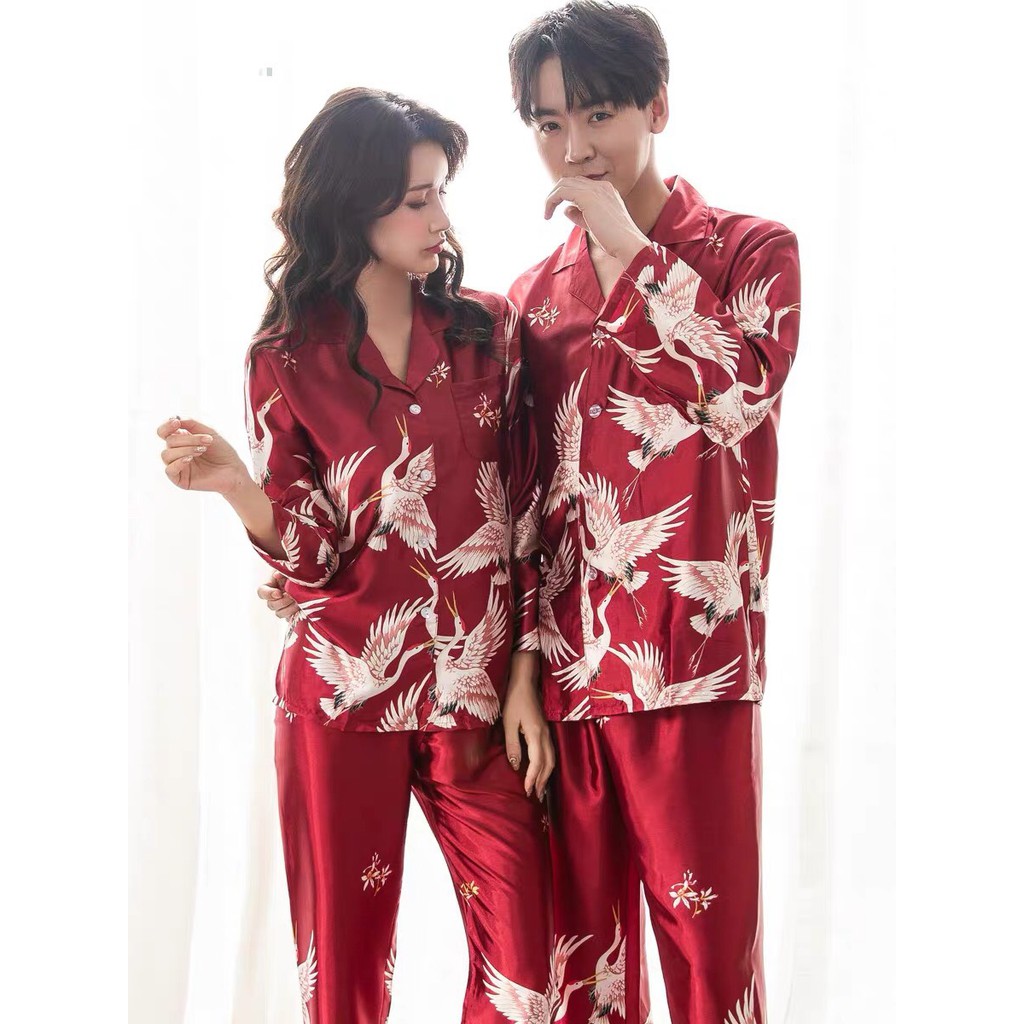 Bộ pijama lụa họa tiết tiên hạc dành cho các cặp đôi - Đồ mặc nhà cho nam và nữ ...