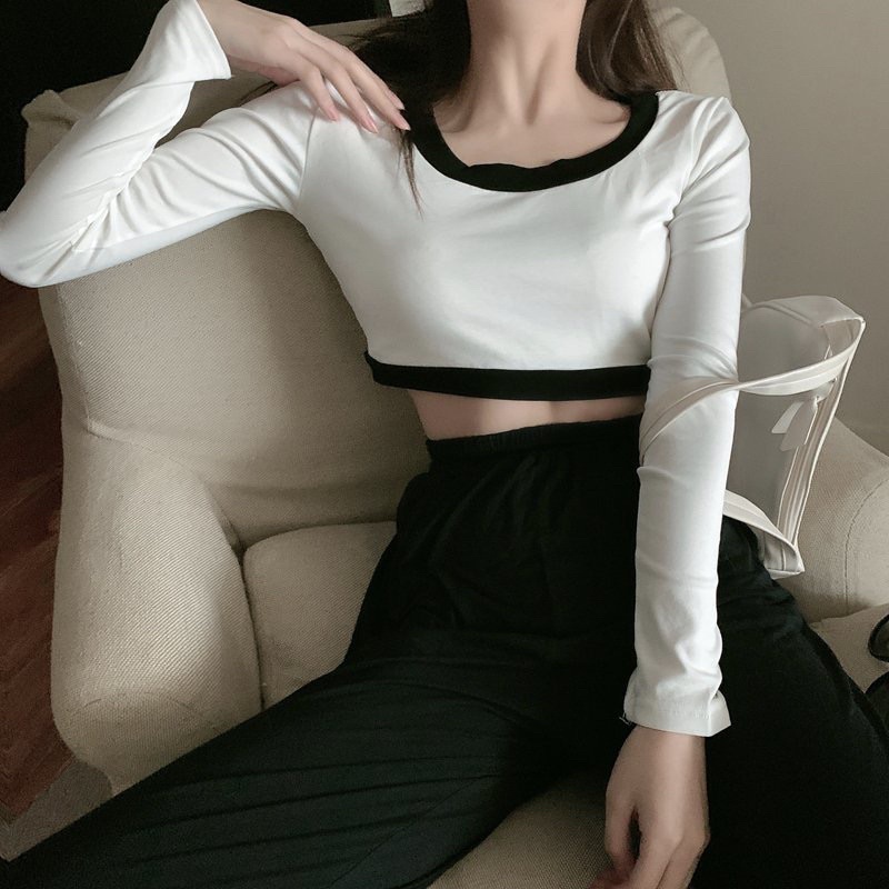 Áo croptop nữ, Áo croptop body dài tay viền đen trắng freesize dưới 60kg-Changstore
