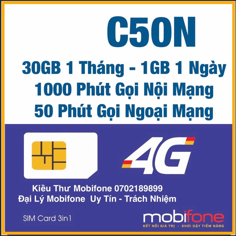 Sim Mobi GÓI C50N 30gb 1 Tháng 1000 phút gọi nội 50 phút gọi ngoại