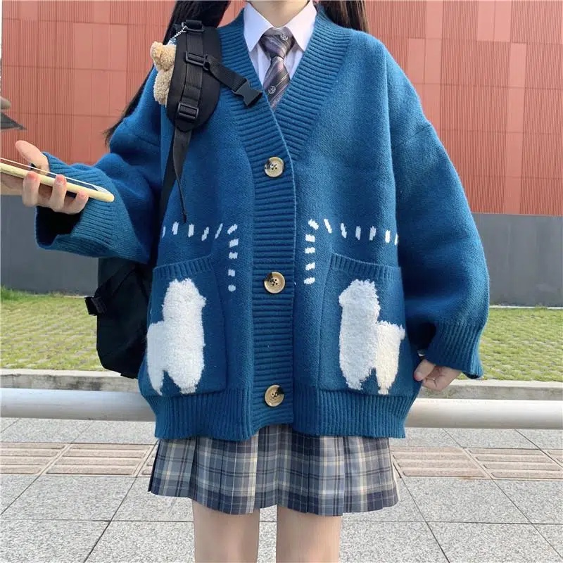 Áo Khoác Cardigan Dệt Kim Tay Dài Cổ Chữ V Form Rộng Phong Cách Nhật Bản