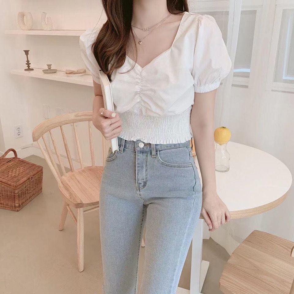 Áo Sơ Mi Tay Phồng Cổ Chữ V Phong Cách Hàn Quốc Mẫu Mới