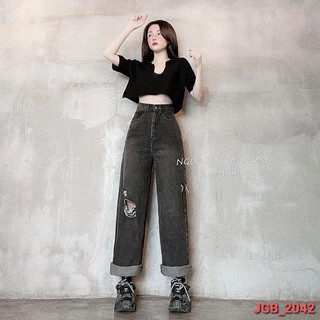 Quần Jeans Ống Rộng Xám - Quần Ống Rộng Nữ Dáng Suông Rách Gối Ulzzang Q52