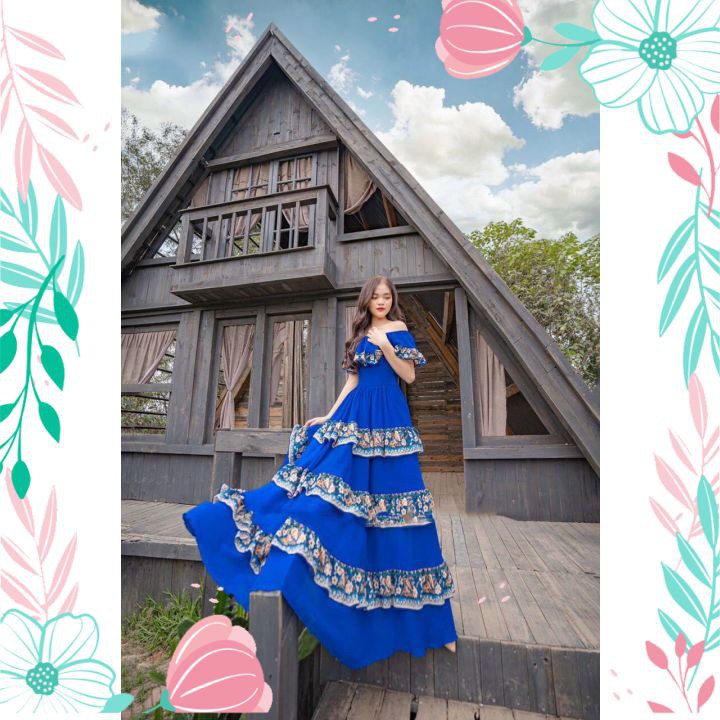 Váy Đầm Maxi Đi Biển Bệt Vai Phối Viền Hoa Cao Cấp Đầm Maxi Sống Ảo Cho Nàng | BigBuy360 - bigbuy360.vn