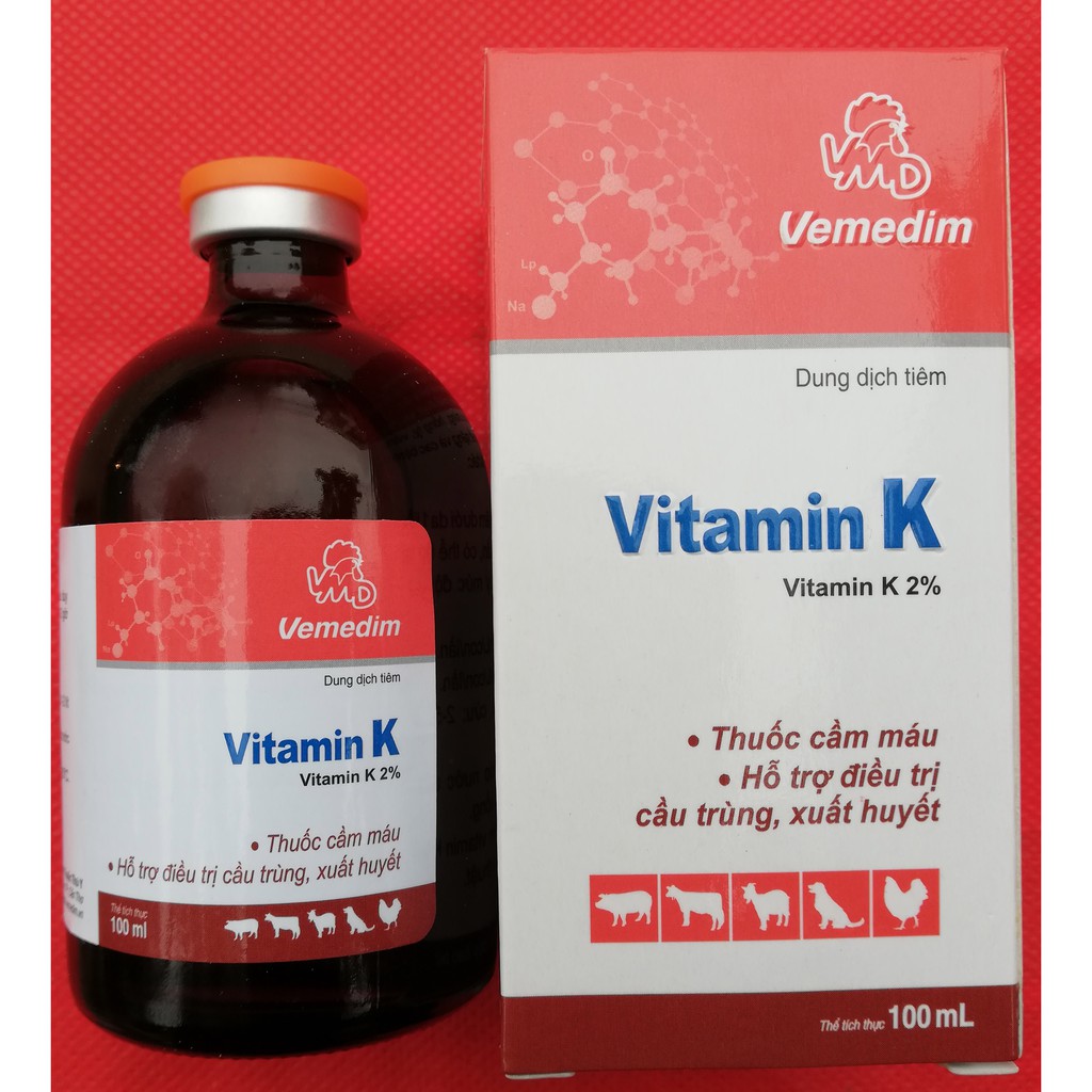 1 lọ Vitamin K 100ml Giúp cầm máu, hạn chế mất máu trong phẫu thuật ở gia súc, gia cầm, chó mèo