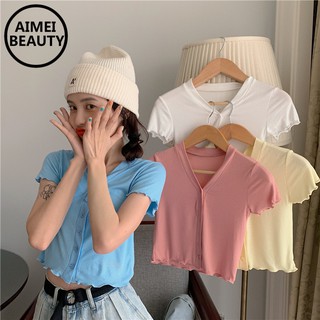 Áo croptop phong cách Hàn Quốc tay ngắn cổ chữ V trẻ trung cho nữ