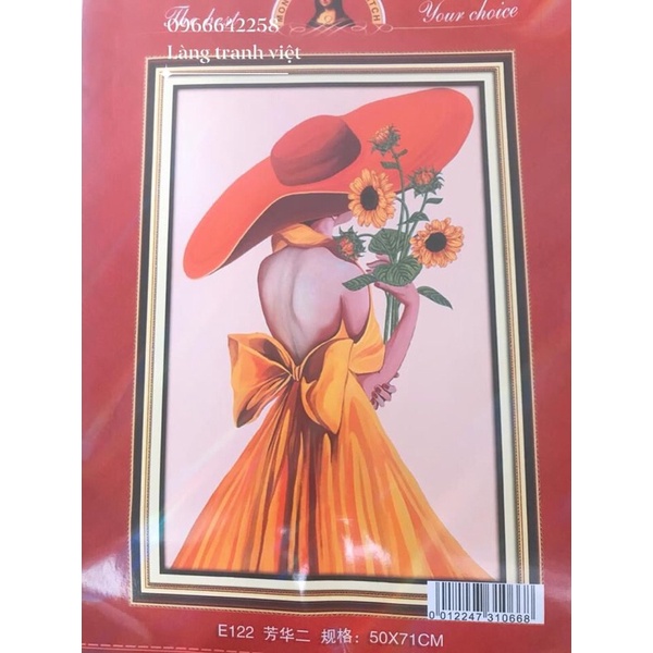 Tranh thêu chữ thập cô gái và hoa hướng dương E123! kích thước 50x71cm