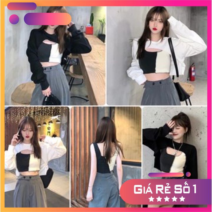 Set Áo Thun 2 Món Croptop Dài Tay Cutout + Áo 3 Lỗ Phối Màu Đen Trắng Mặc Đươc 2 Kiểu Chất Zip Cotton Dầy Mịn Co Giãn