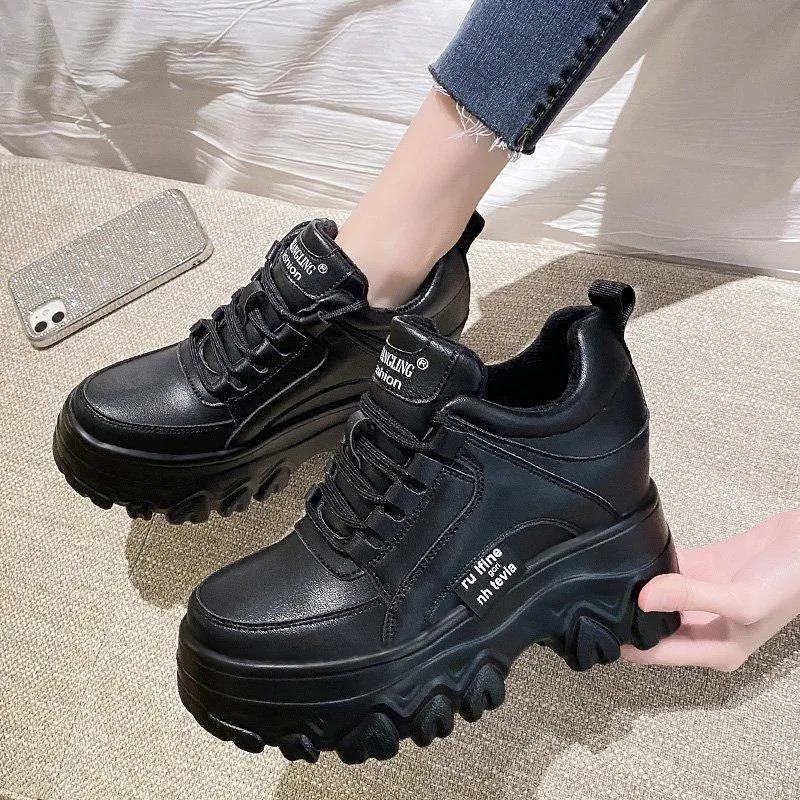 Giày thể thao đế dày 10cm màu đen dễ phối đồ thời trang dành cho nữ