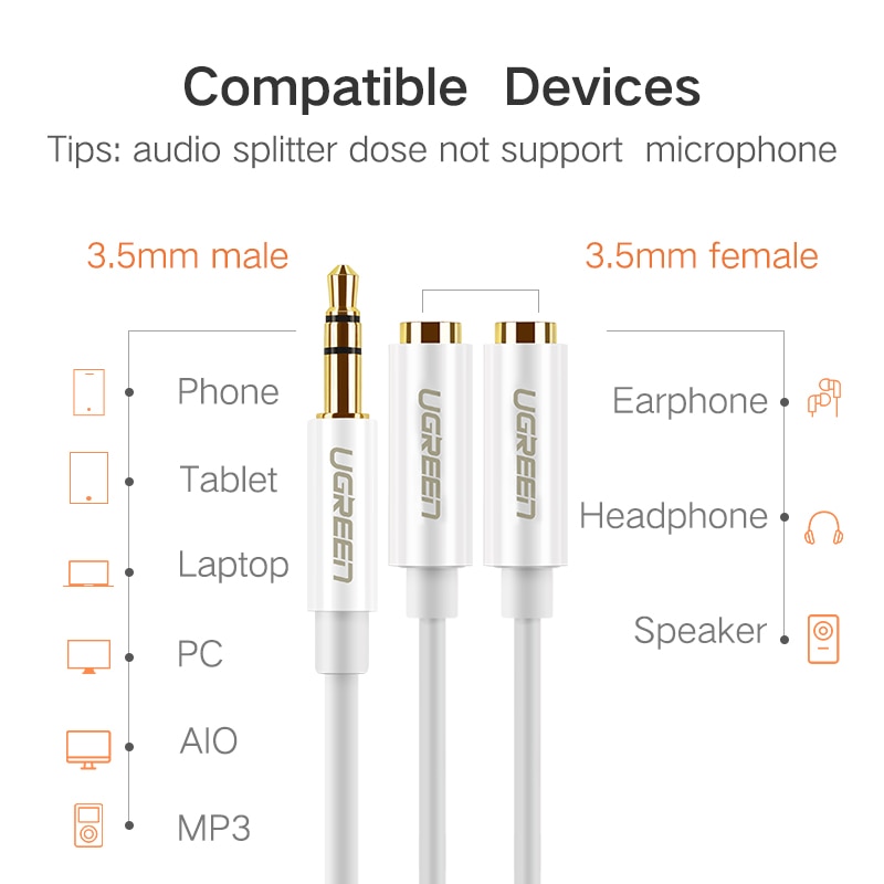 Ugreen Dây Cáp Tách Âm Thanh Tai Nghe 3.5mm 1Male Sang 2 Female Cho iPhone Samsung