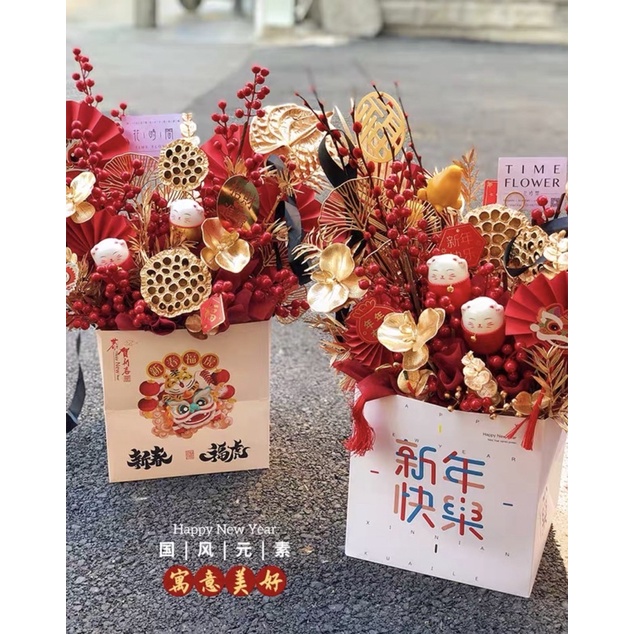 Mẫu Túi Tode vuông cắm hoa đông đào-trang trí giỏ quà phongg cách trung Hoa