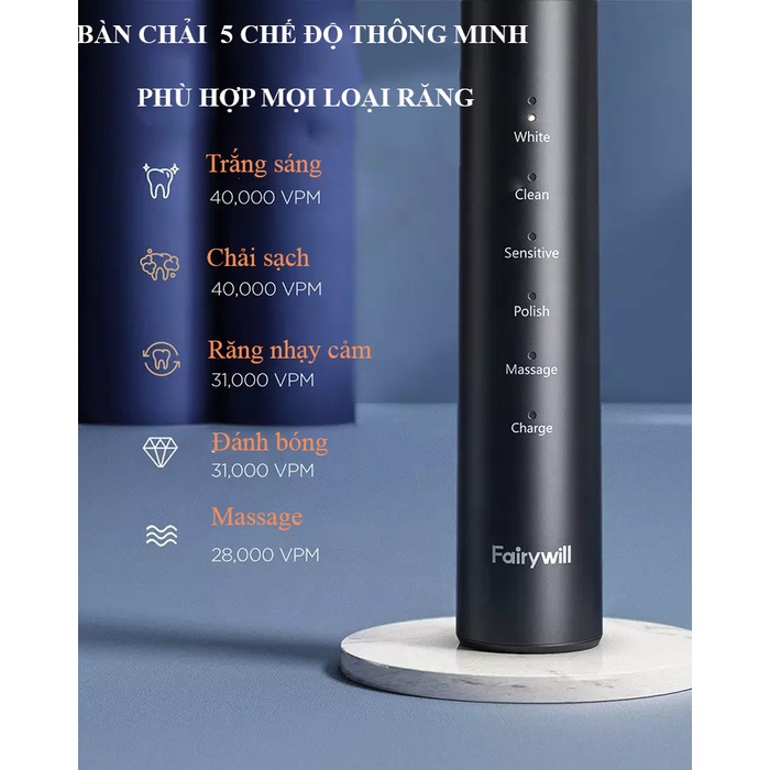 Bàn chải đánh răng điện Sonic Pro Fairywill P80 từ Đức, kèm 8 đầu bàn chải siêu mềm