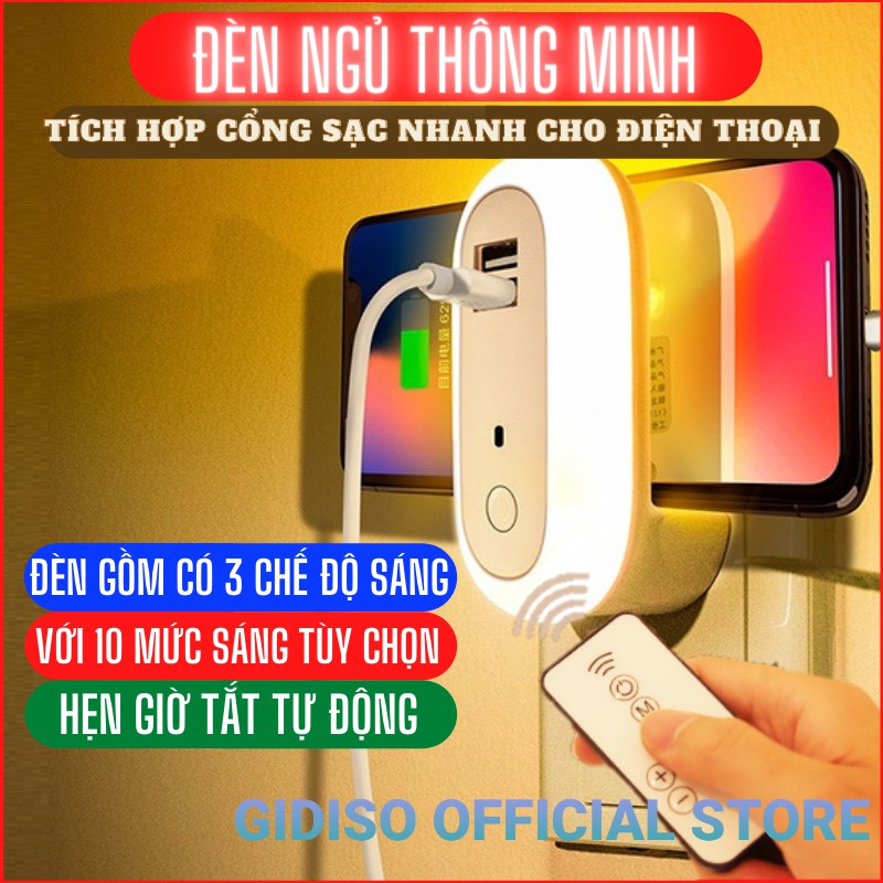 Đèn ngủ thông minh GIDISO 10 cấp độ sáng - điều khiển từ xa bằng remote - hẹn giờ -có cổng sạc nhanh điện thoại - 2021