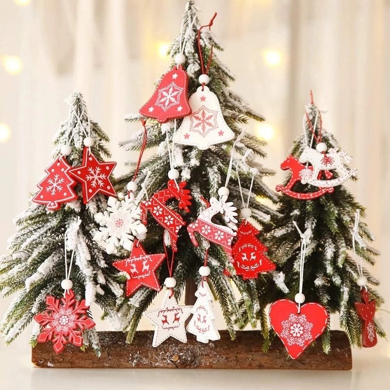 Set 12 Phụ Kiện Treo Trang Trí Cây Thông Noel Bằng Gỗ