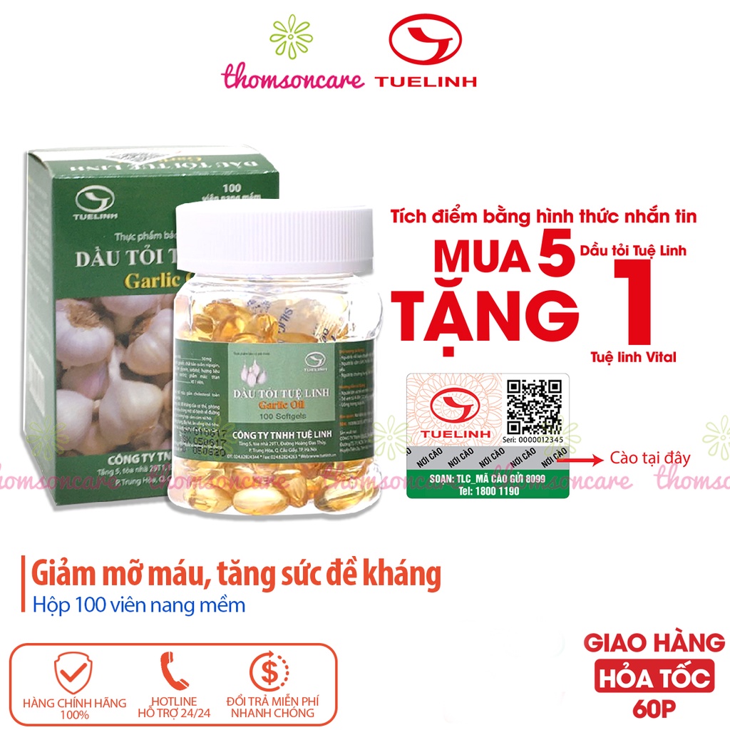 Dầu tỏi Tuệ Linh Giảm mỡ máu - Tăng sức đề kháng - Garlic Oil tinh dau toi hộp 100 viên - KM mua 5 hộp tặng 1 hộp