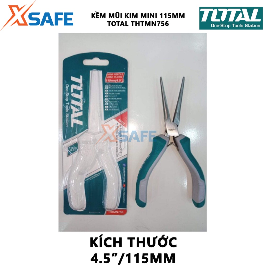 Kềm mũi kim mini TOTAL THTMN756 Kìm mũi kim Kích thước 4,5&quot;/ 115mm, thép CR-V, tay cầm cách điện, bọc cao su chống trơn