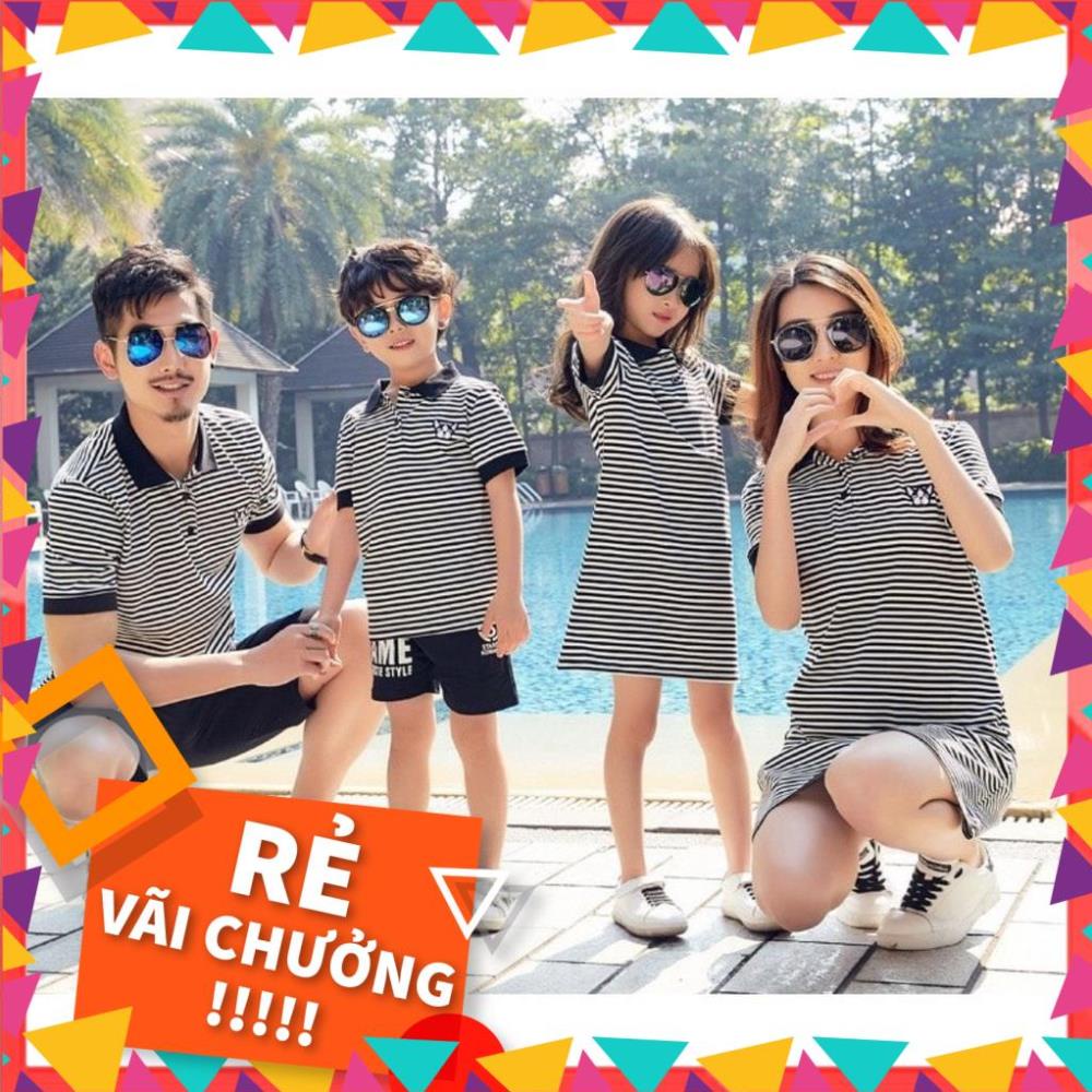 Set Áo Gia Đình Cổ Trụ Đồng phục Viet Family - Đồng Phục Gia Đình Có Cổ Sọc Trắng Đen
