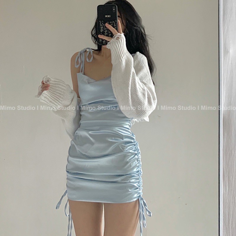 Đầm satin lụa dây rút