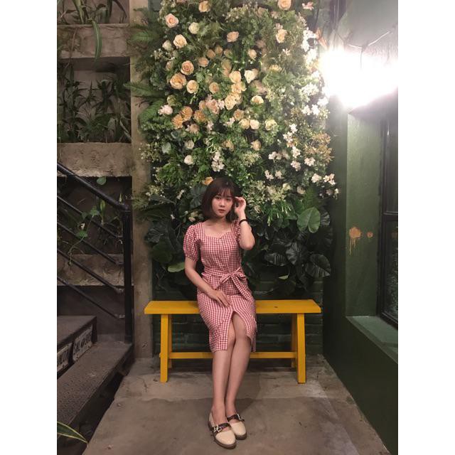 Đầm Nữ Caro Cổ Vuông Cột Nơ