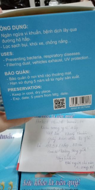 KHẨU TRANG Y TẾ VIỆT ĐUC 4 lớp 1 lớp giấy kháng khuẩn