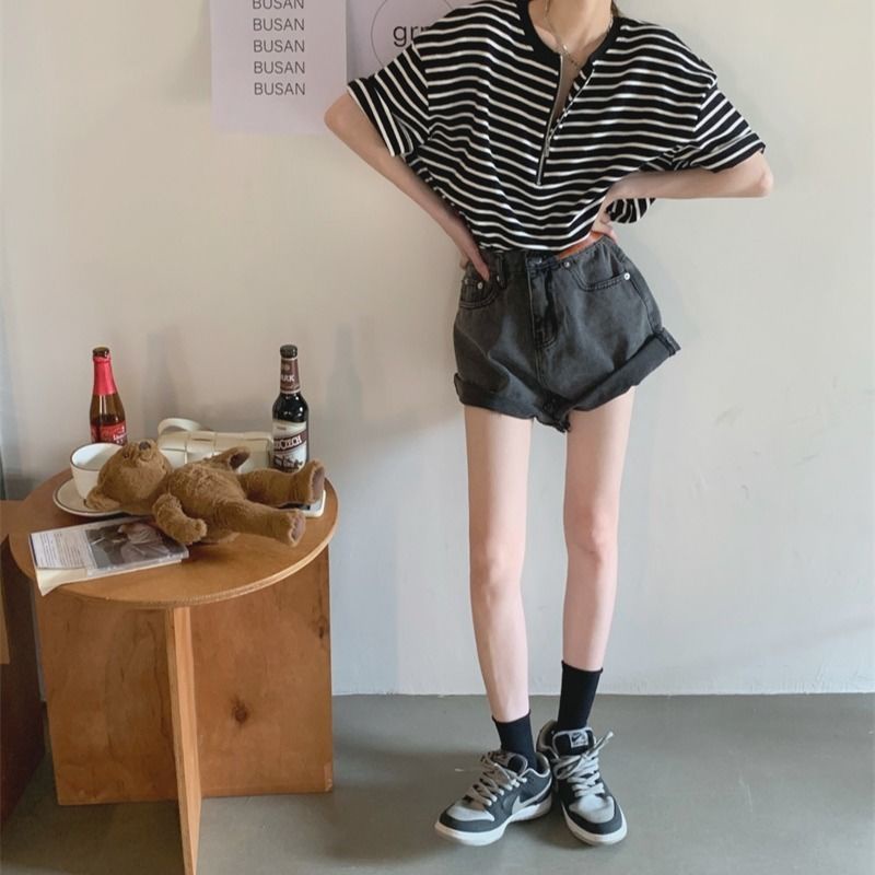 Áo Thun Tay Ngắn Dáng Rộng Họa Tiết Kẻ Sọc Phong Cách Hàn Quốc Thời Trang Mùa Hè Cho Nữ