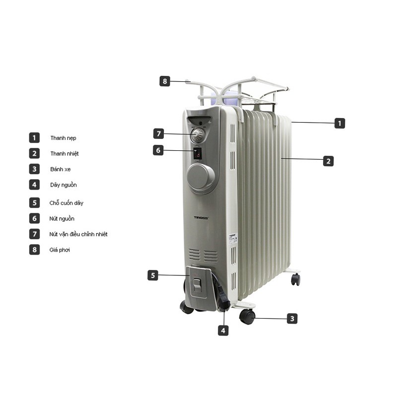 Máy sưởi dầu TIROSS TS-926, 13 thanh, quạt thổi, giá phơi