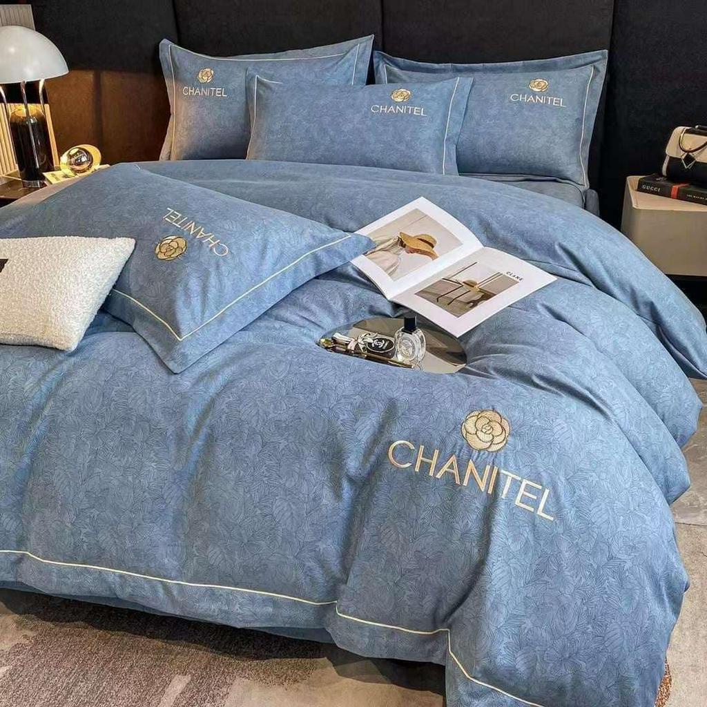Bộ Chăn Ga Gối HIN BEDDING Chất Liệu Cotton Chanitel Thêu Họa Tiết Cao Cấp, Vải Cotton Mềm Mịn Đủ Kích Thước