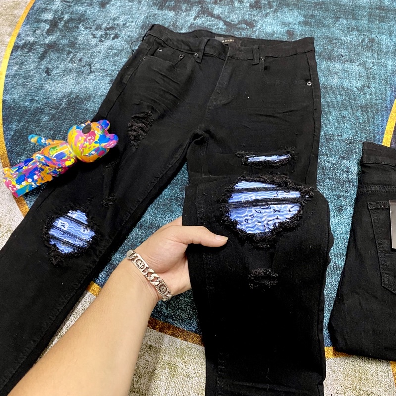 Quần jean nam vá nhăn màu xanh,Quần bò vá nhăn gối amiri rách xước dáng slimfit
