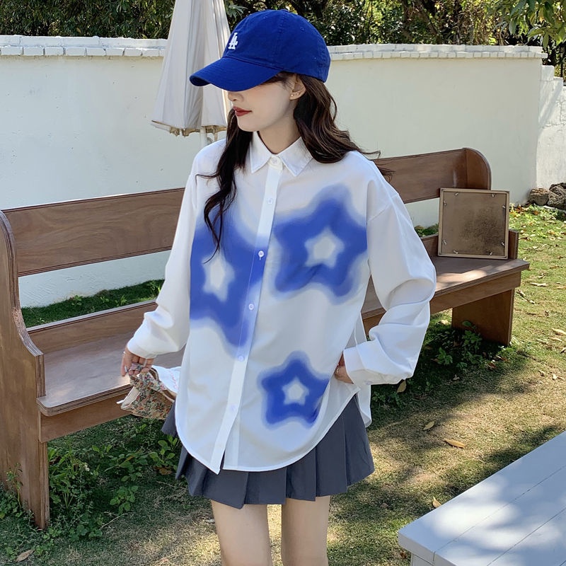 Áo Sơ Mi Trắng Tay Dài Dáng Rộng In Họa Tiết Graffiti Thời Trang Xuân Thu