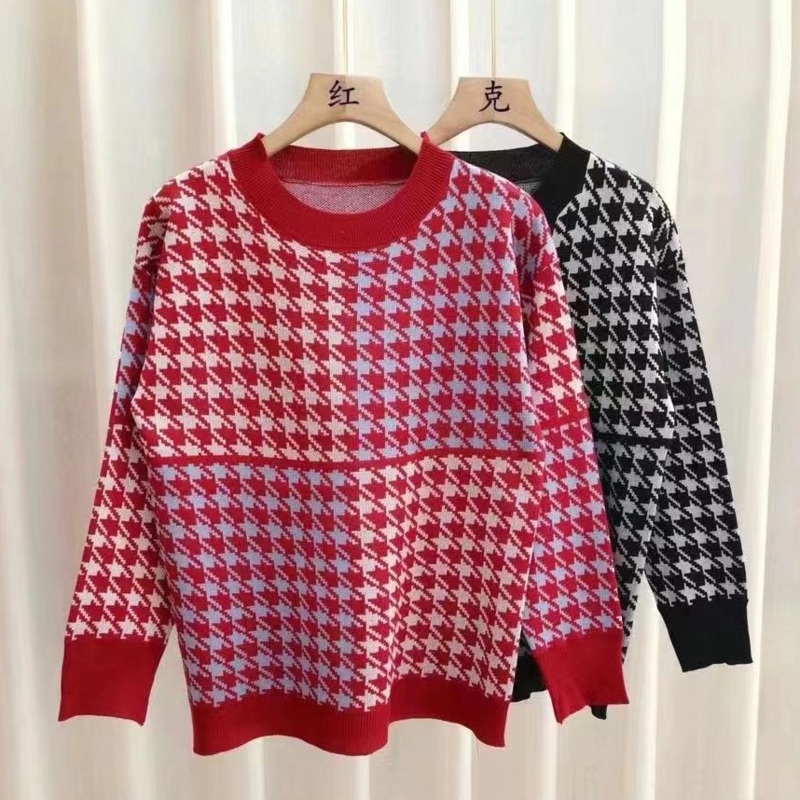 Áo Sweater Tay Dài Cổ Tròn Dáng Rộng Sọc Ca Rô Màu Sắc Tương Phản Phong Cách Hàn Quốc