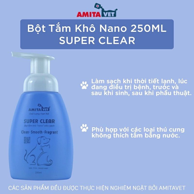 bọ tắm khô super clear amitavet cho chó mèo 250ml